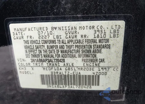 2010 Nissan Sentra 2.0Sr из США, поврежденный, VIN 3N1AB6AP3AL720428